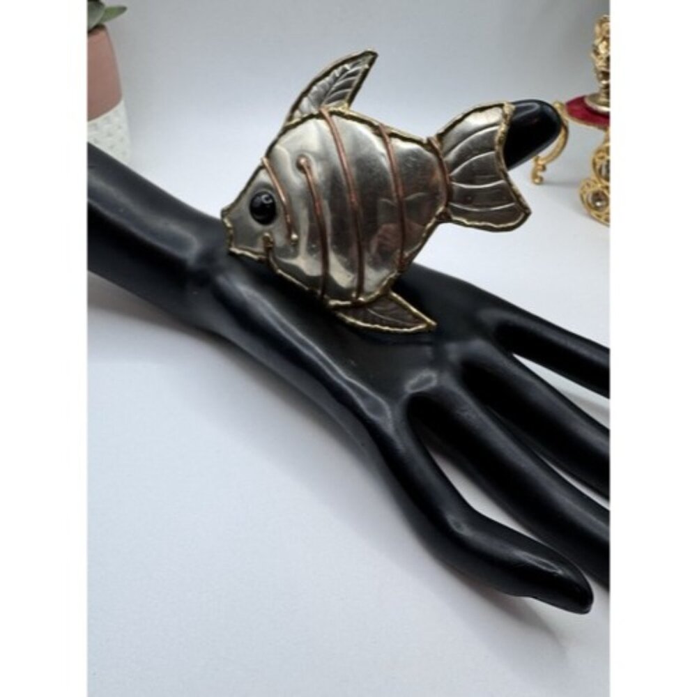 Vintage Pendant And Brooch Fish In Silver Tone Whit Copper And Brass Extra Large